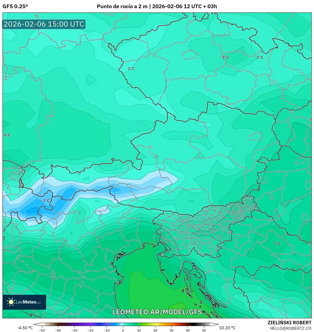 GFS model - Austria, Punto de rocío a 2 m