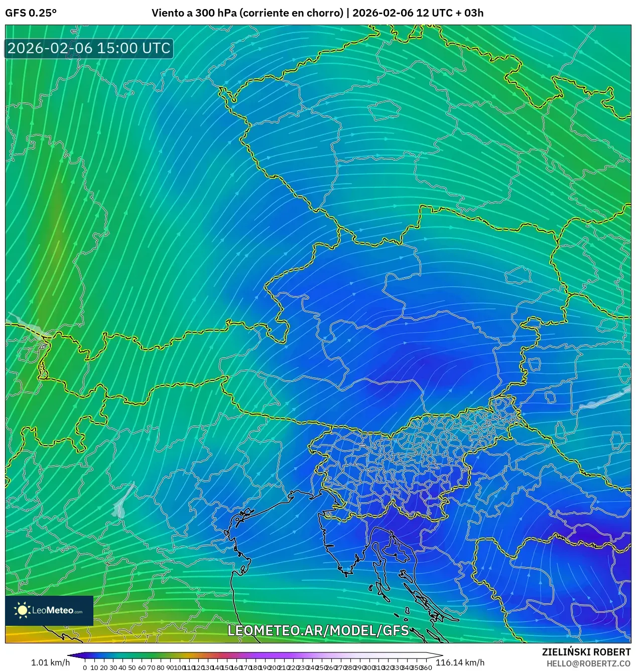 GFS model - Austria, Viento a 300 hPa (corriente en chorro)