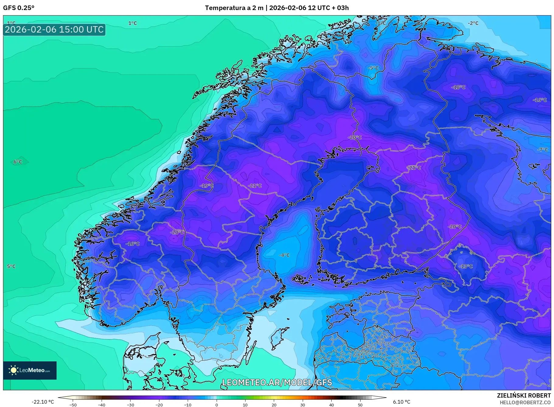 GFS model - Escandinavia, Temperatura a 2 m