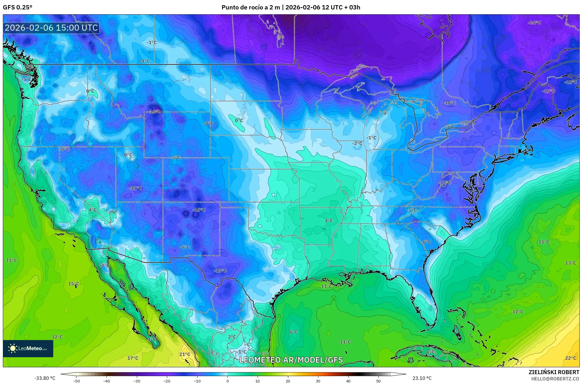 GFS model - Estados Unidos, Punto de rocío a 2 m