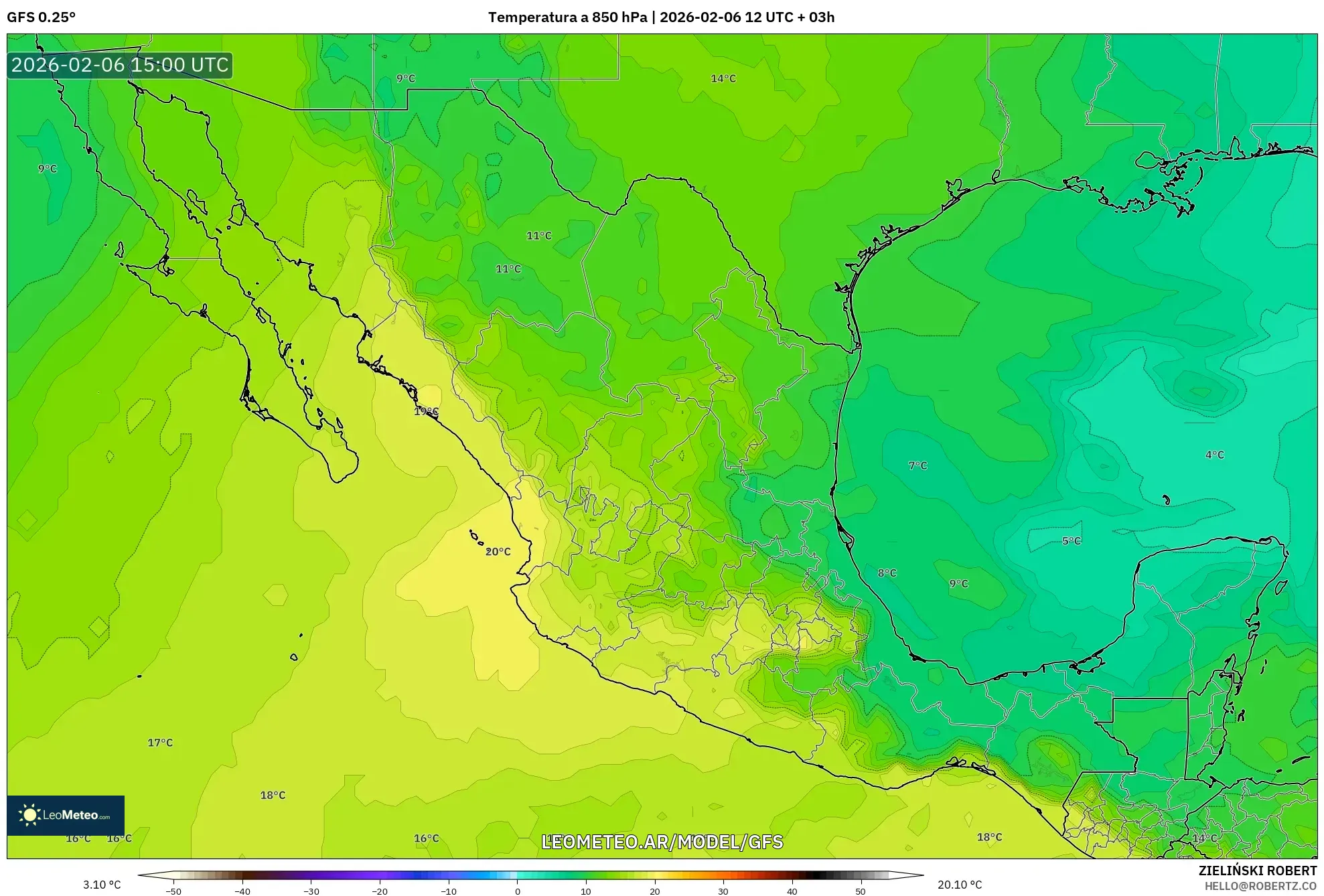 GFS model - México, Temperatura a 850 hPa