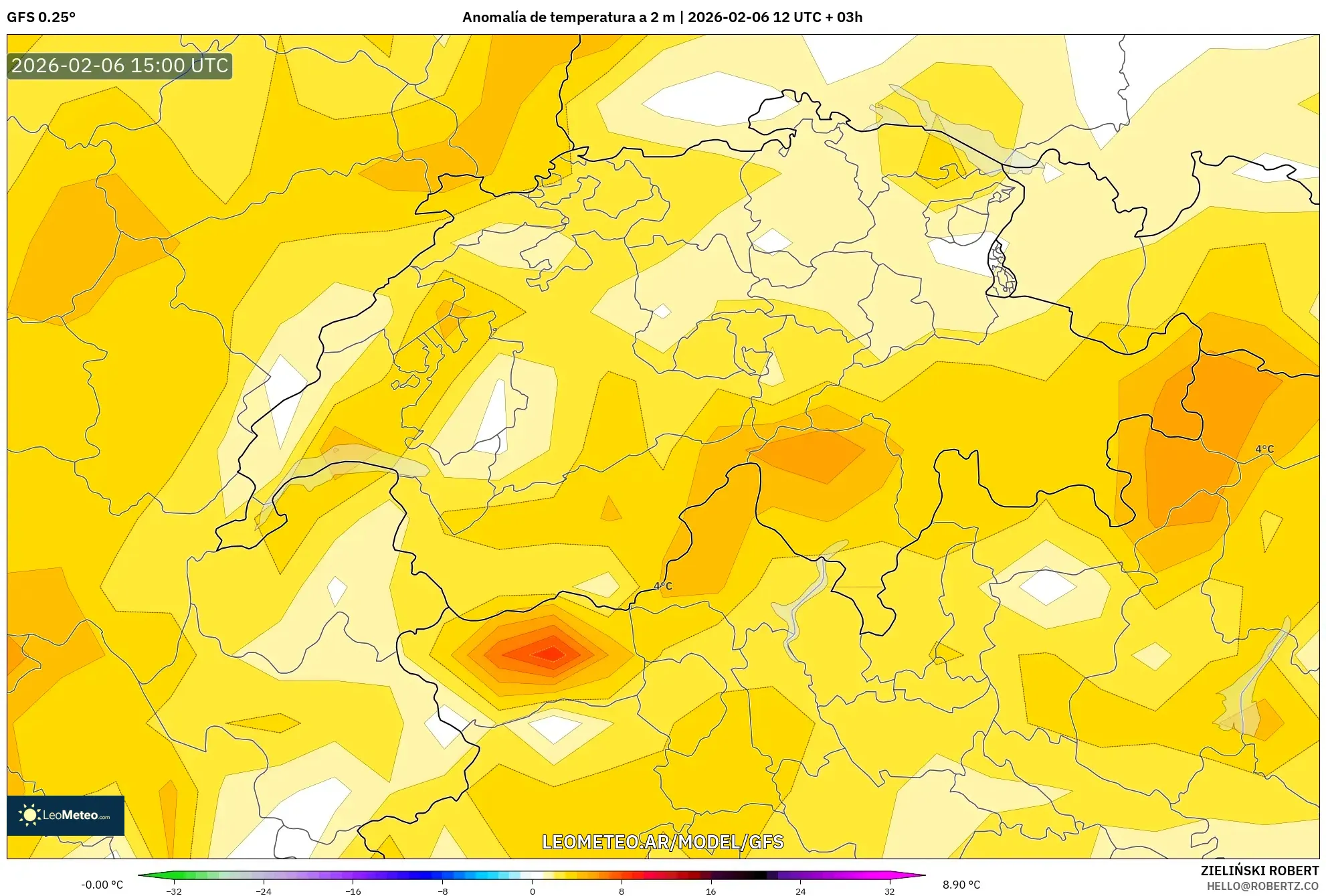 GFS model - Suiza, Anomalía de temperatura a 2 m