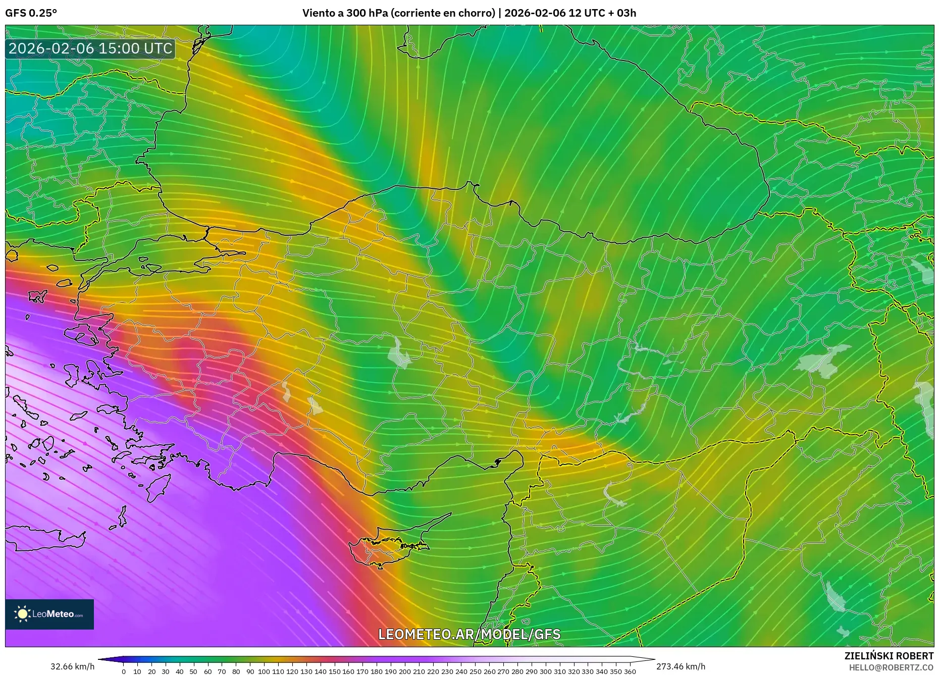 GFS model - Turquía, Viento a 300 hPa (corriente en chorro)