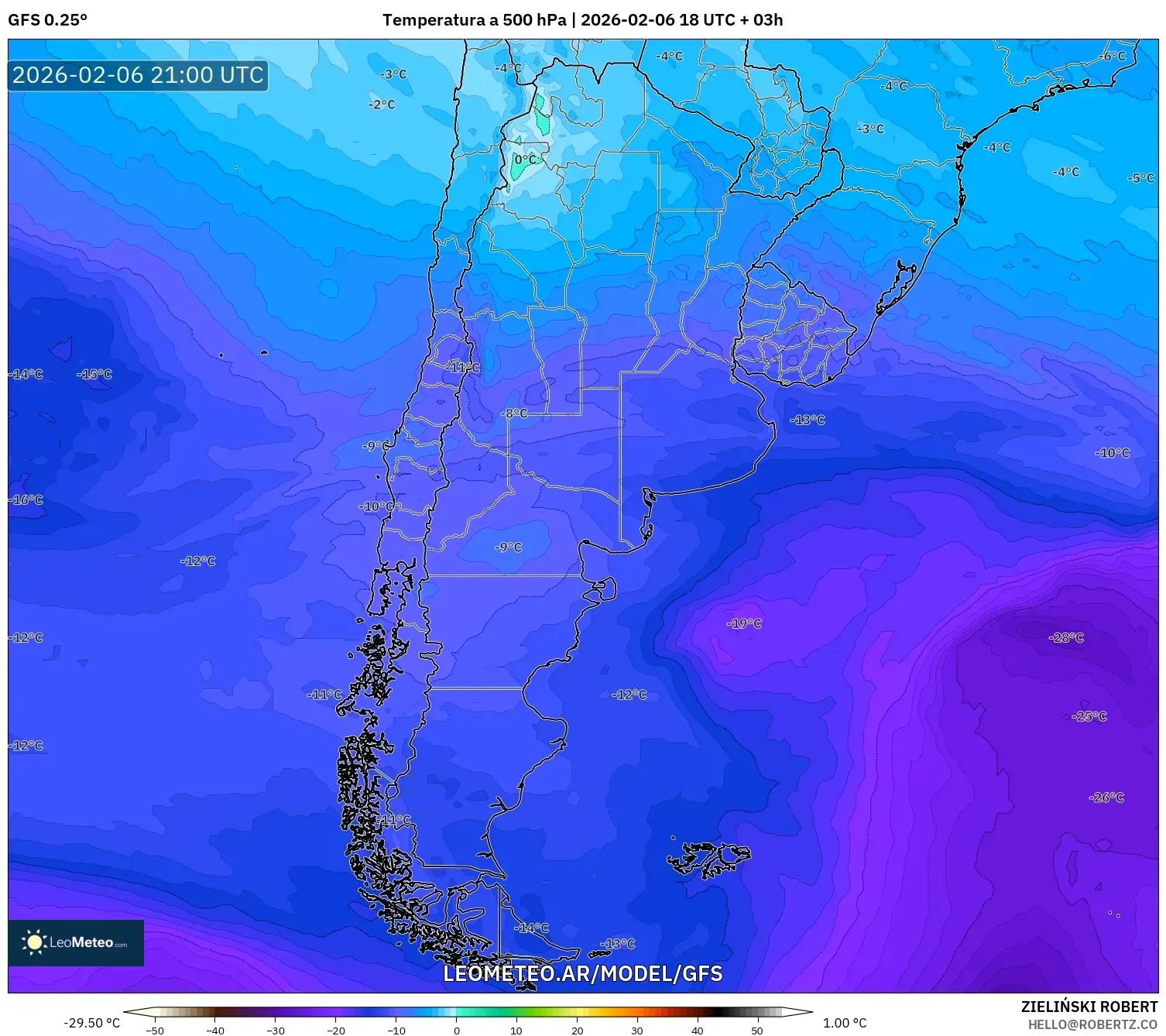 GFS model - Argentina, Temperatura a 500 hPa