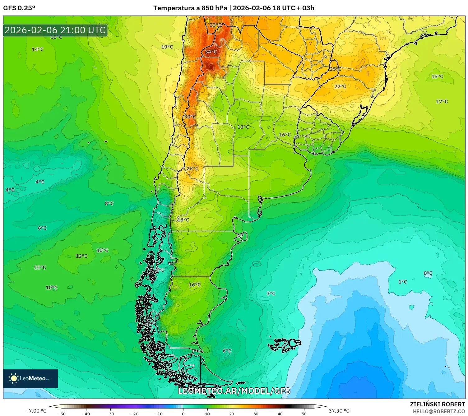 GFS model - Argentina, Temperatura a 850 hPa