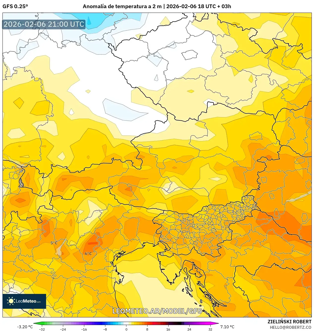 GFS model - Austria, Anomalía de temperatura a 2 m