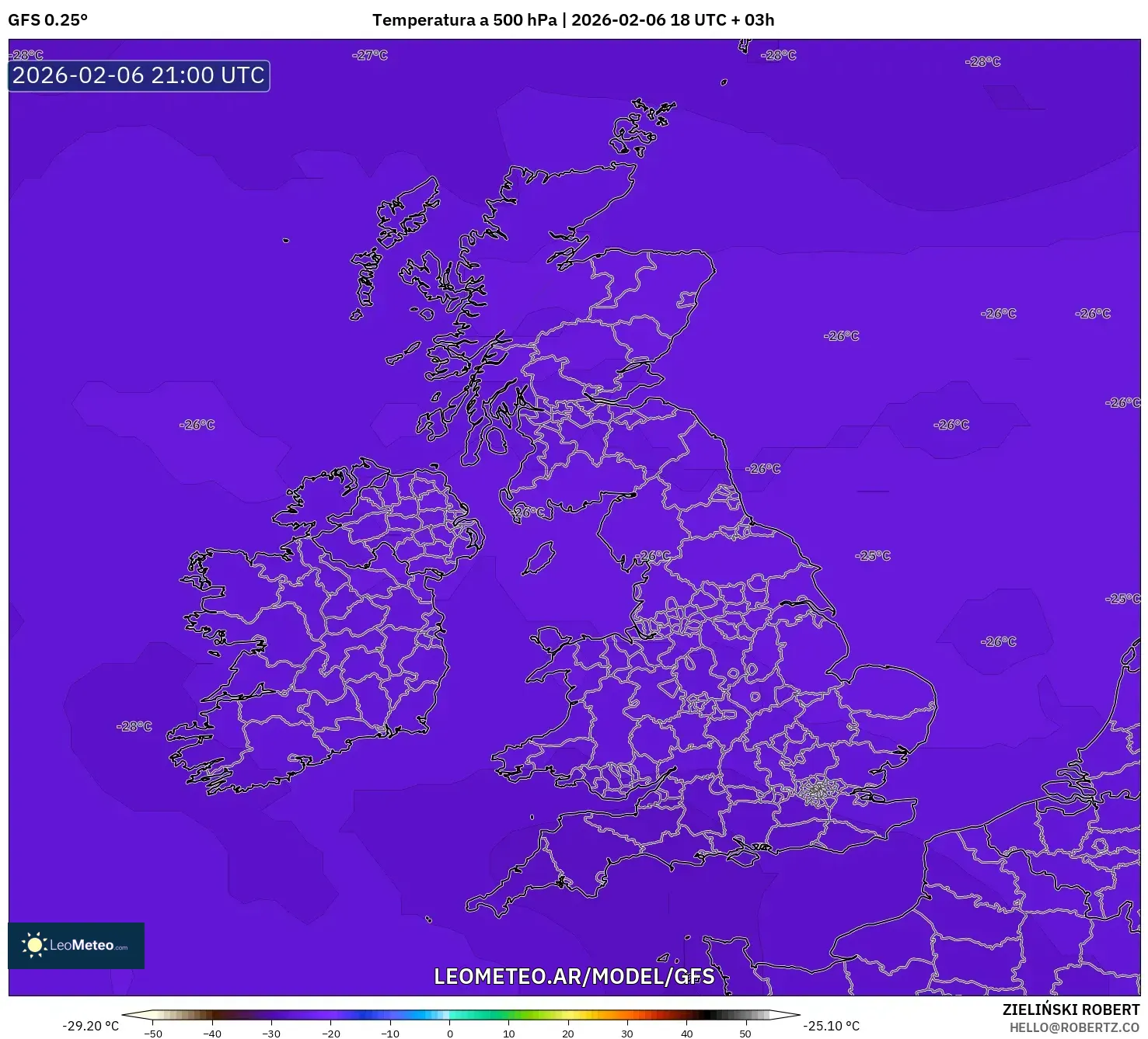 GFS model - Reino Unido, Temperatura a 500 hPa