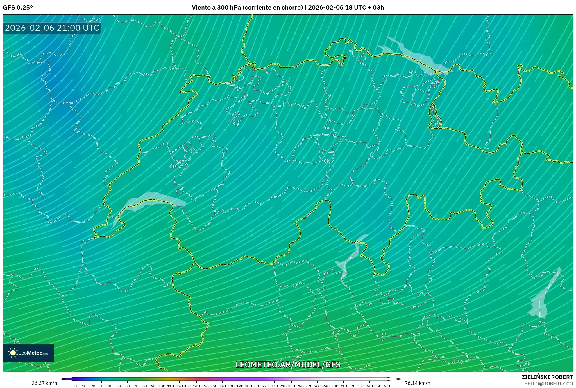GFS model - Suiza, Viento a 300 hPa (corriente en chorro)