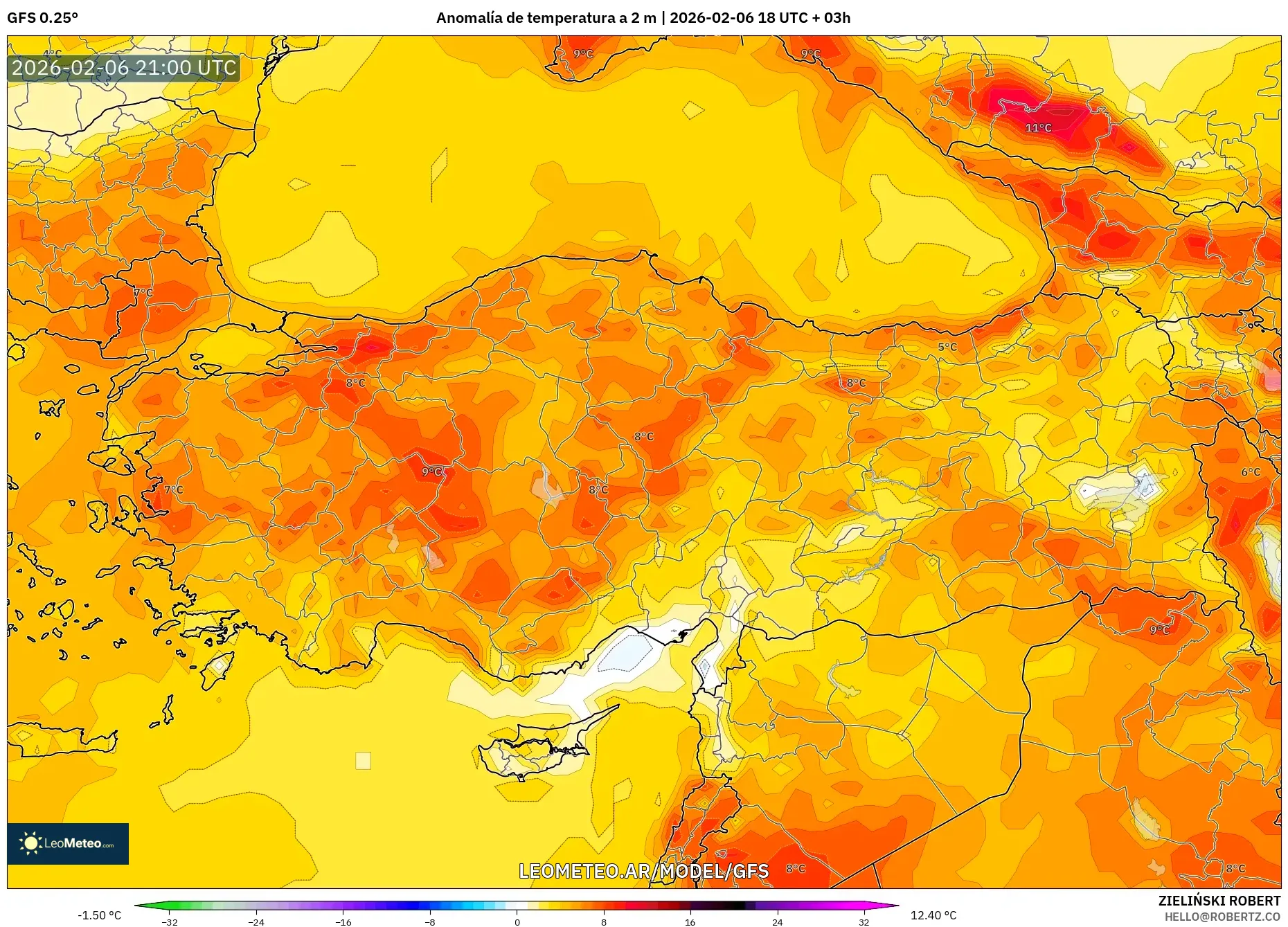 GFS model - Turquía, Anomalía de temperatura a 2 m