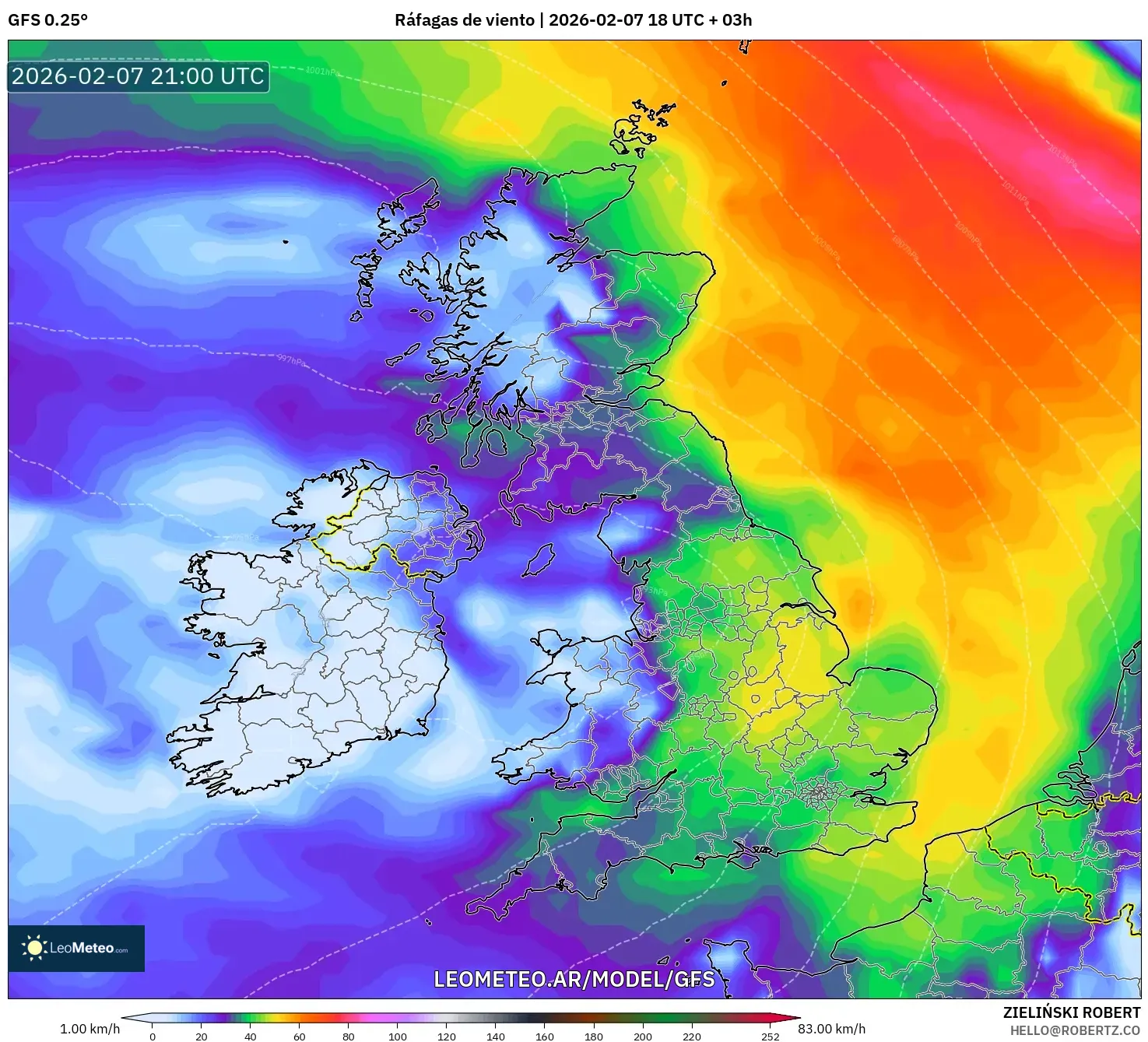 GFS model - Reino Unido, Ráfagas de viento