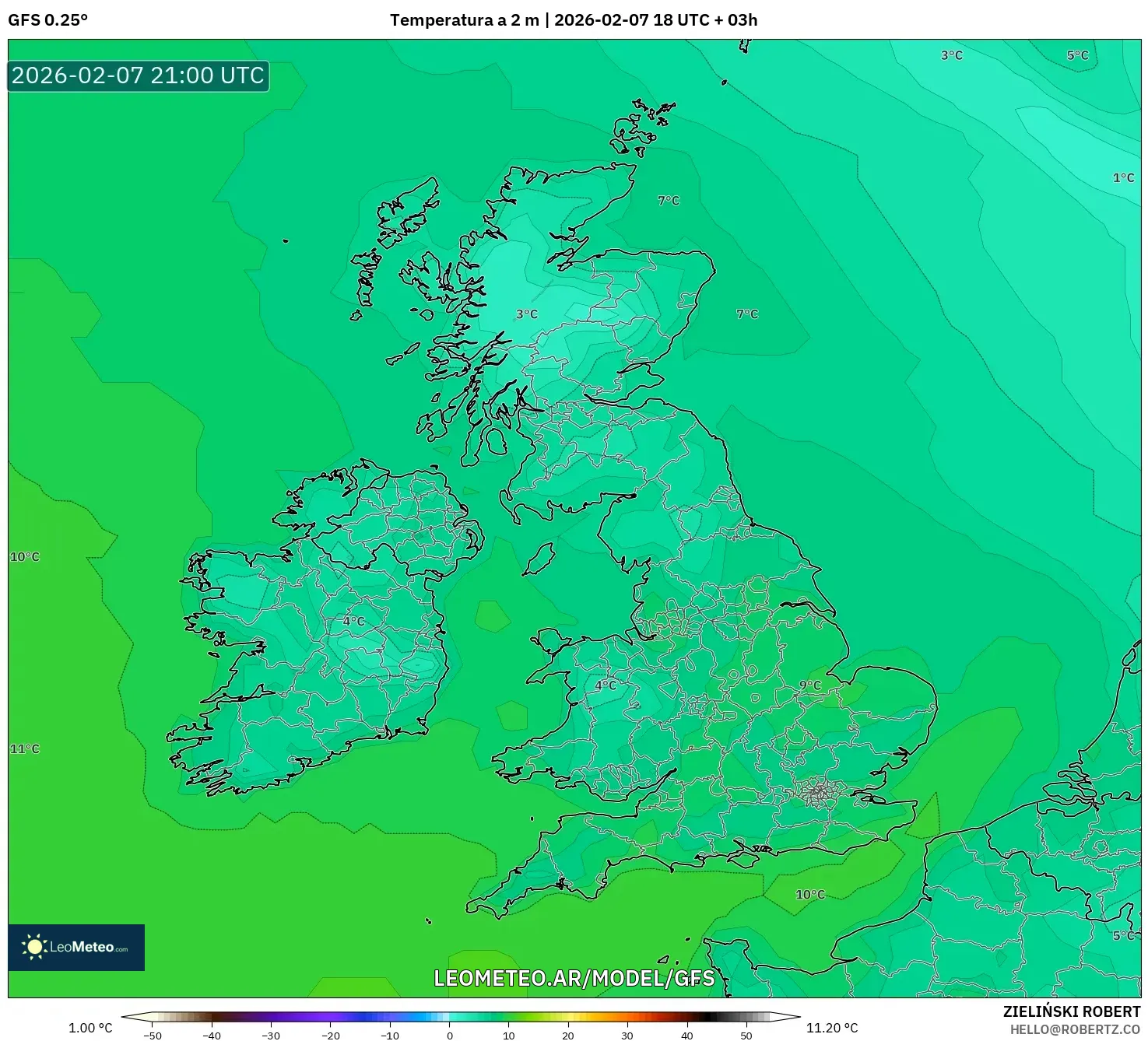 GFS model - Reino Unido, Temperatura a 2 m