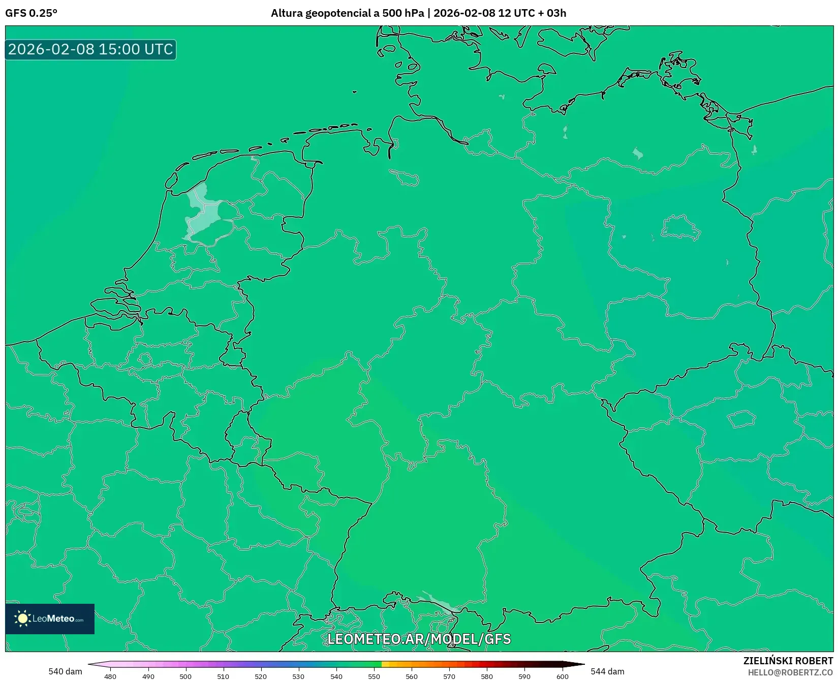 GFS model - Alemania, Altura geopotencial a 500 hPa