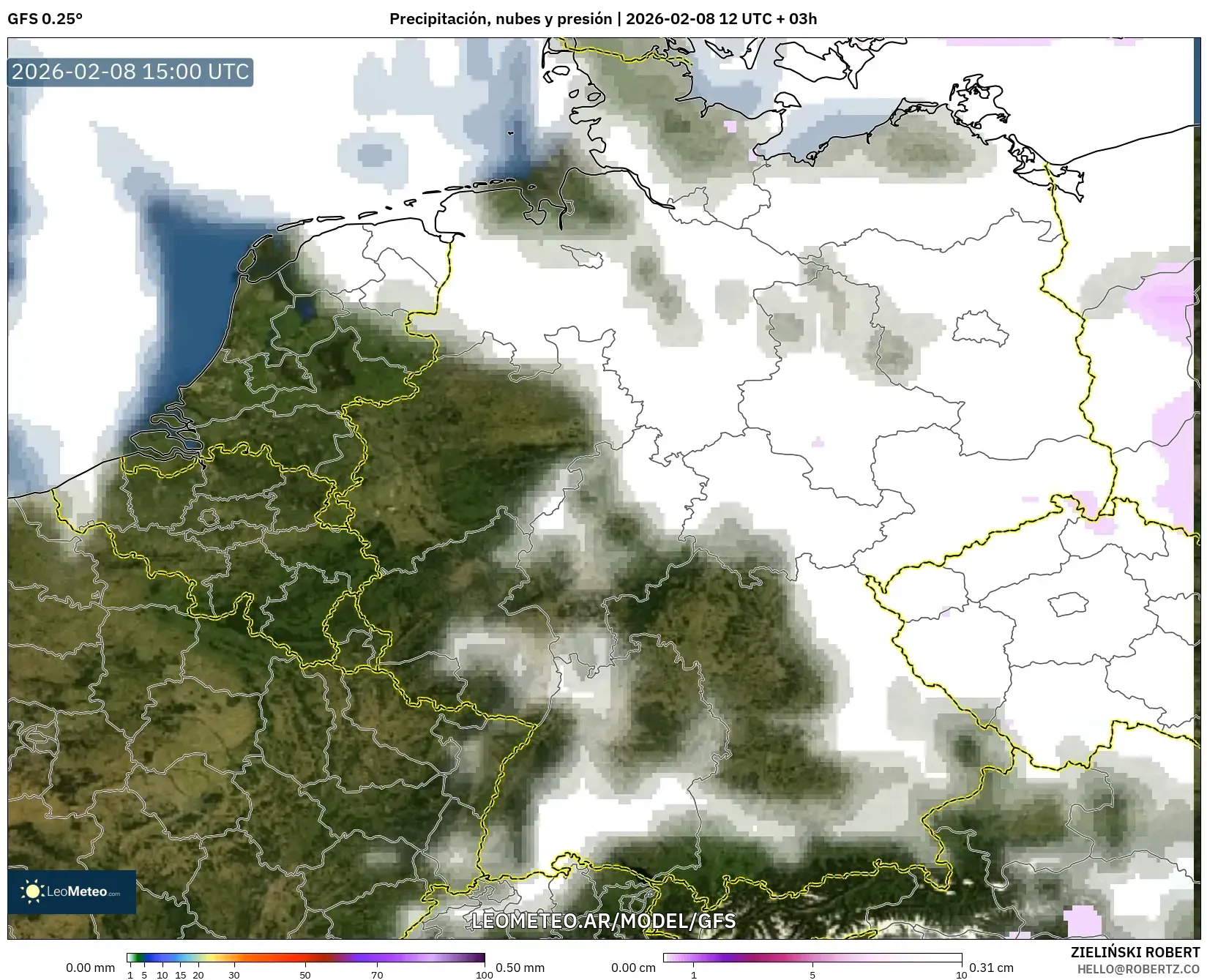 GFS model - Alemania, Precipitación, nubes y presión