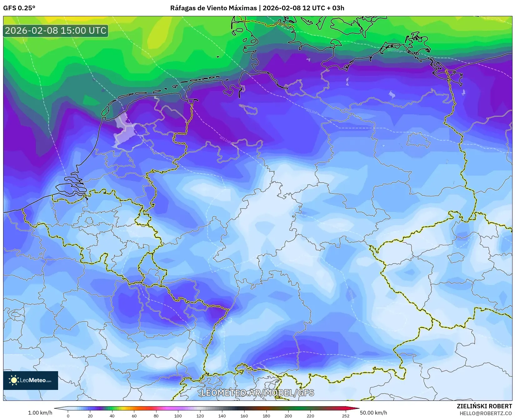 GFS model - Alemania, Ráfagas de Viento Máximas