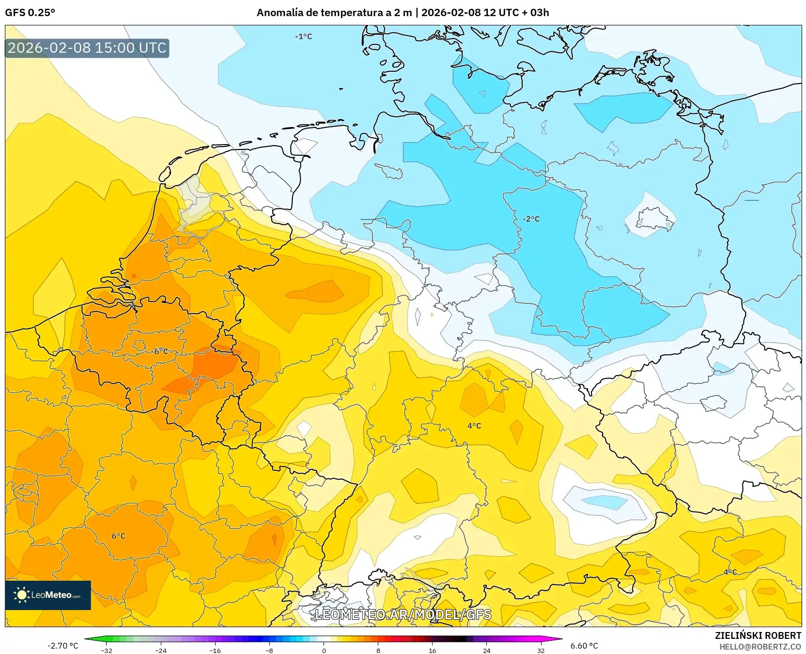 GFS model - Alemania, Anomalía de temperatura a 2 m