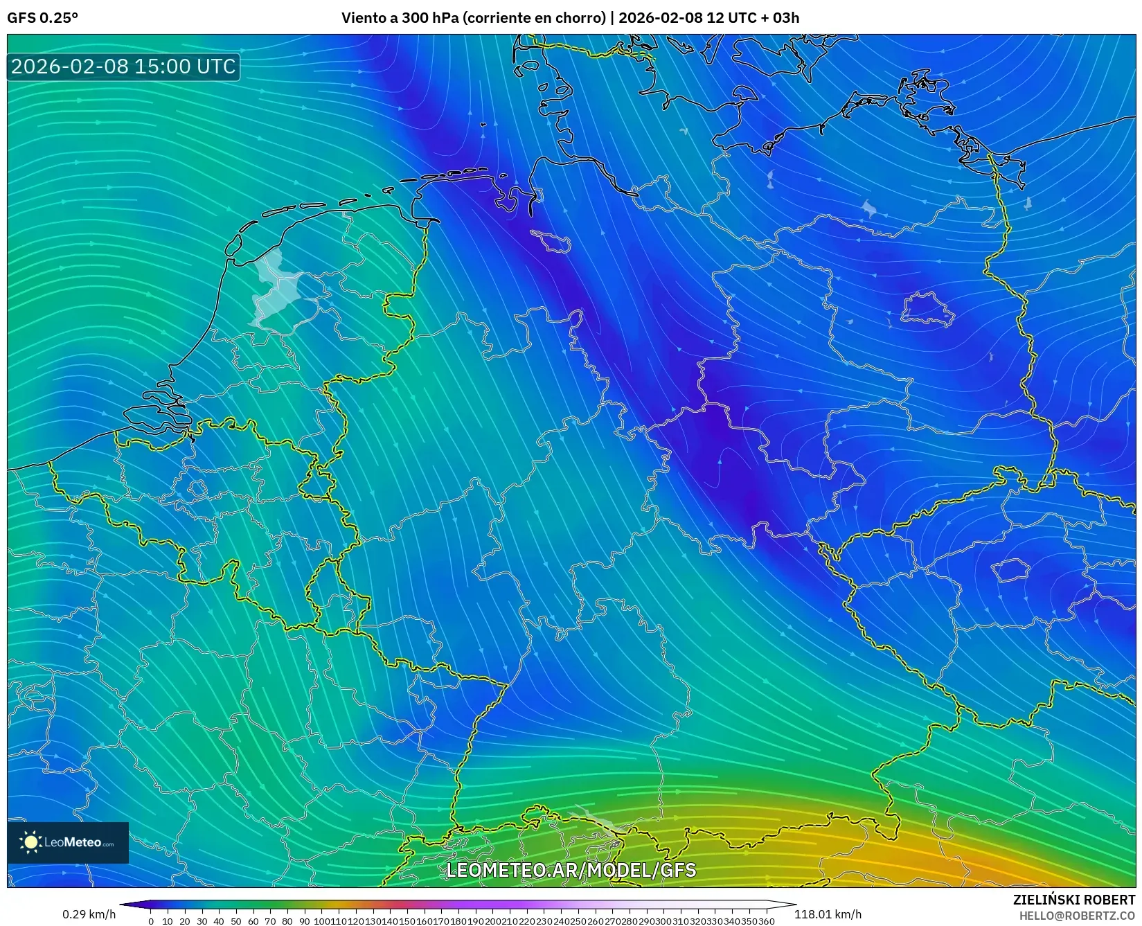 GFS model - Alemania, Viento a 300 hPa (corriente en chorro)