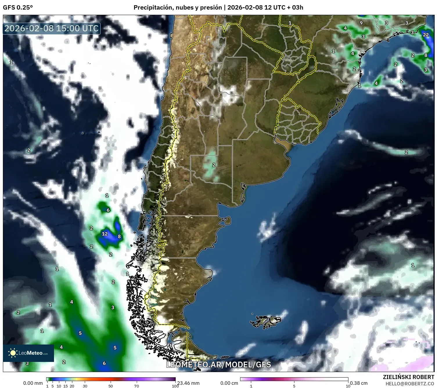 GFS model - Argentina, Precipitación, nubes y presión