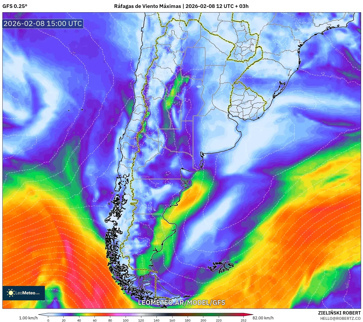 GFS model - Argentina, Ráfagas de Viento Máximas