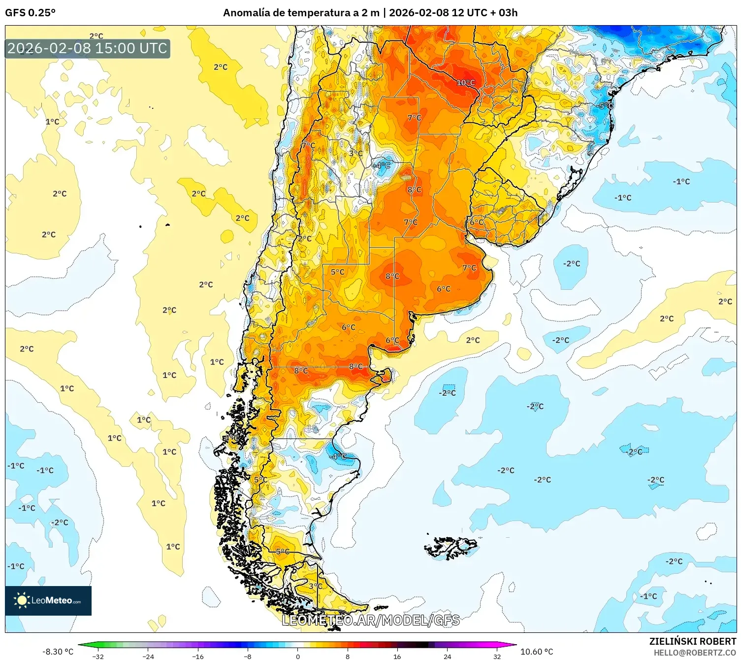 GFS model - Argentina, Anomalía de temperatura a 2 m