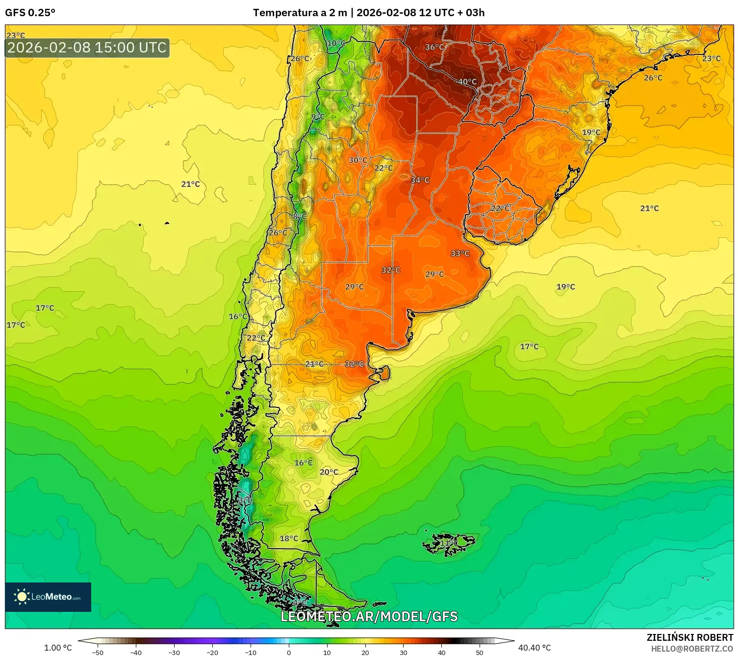 GFS model - Argentina, Temperatura a 2 m