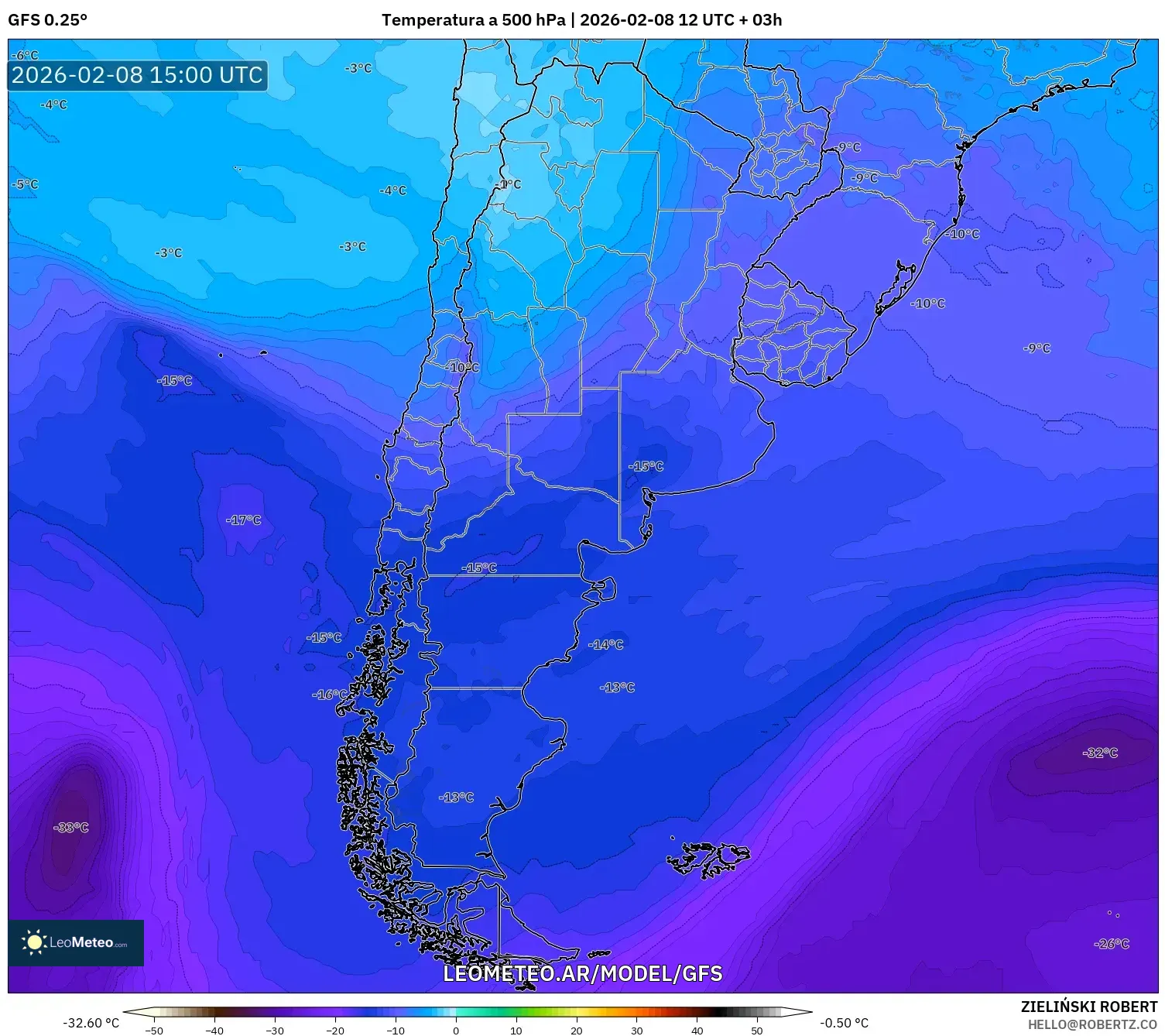 GFS model - Argentina, Temperatura a 500 hPa