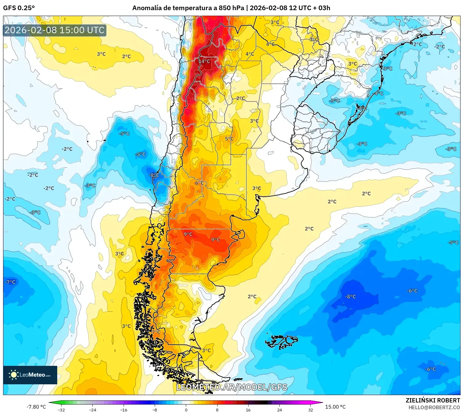 GFS model - Argentina, Anomalía de temperatura a 850 hPa