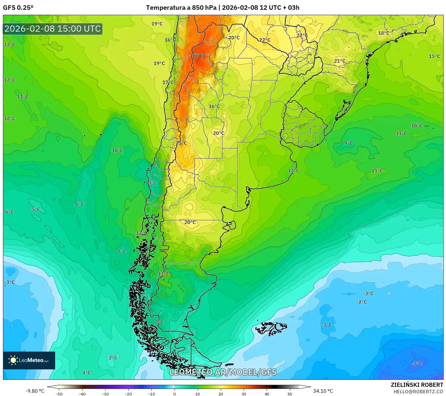 GFS model - Argentina, Temperatura a 850 hPa
