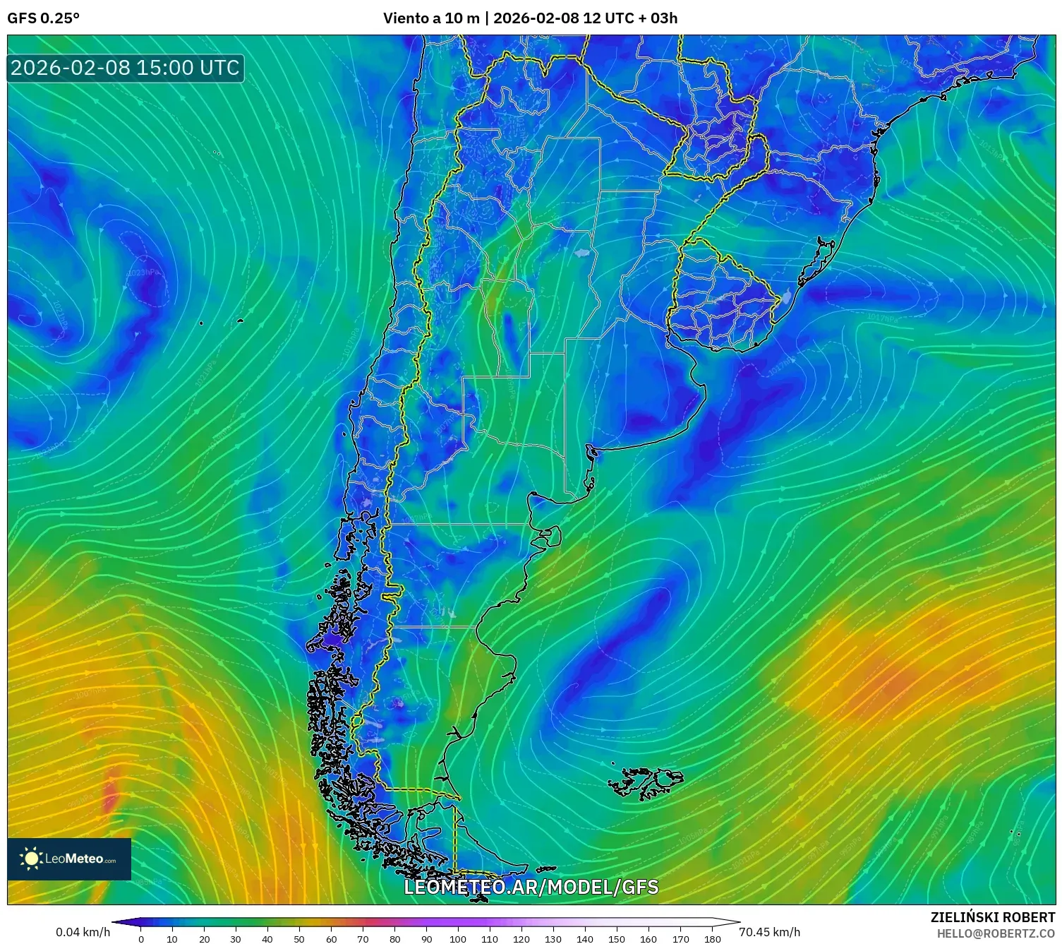 GFS model - Argentina, Viento a 10 m