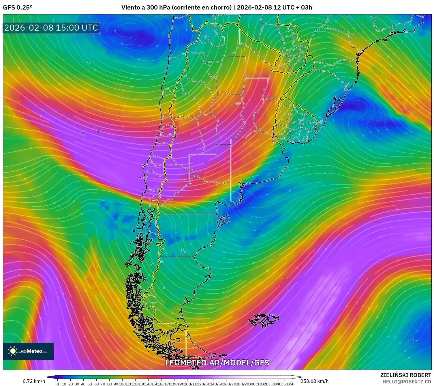 GFS model - Argentina, Viento a 300 hPa (corriente en chorro)