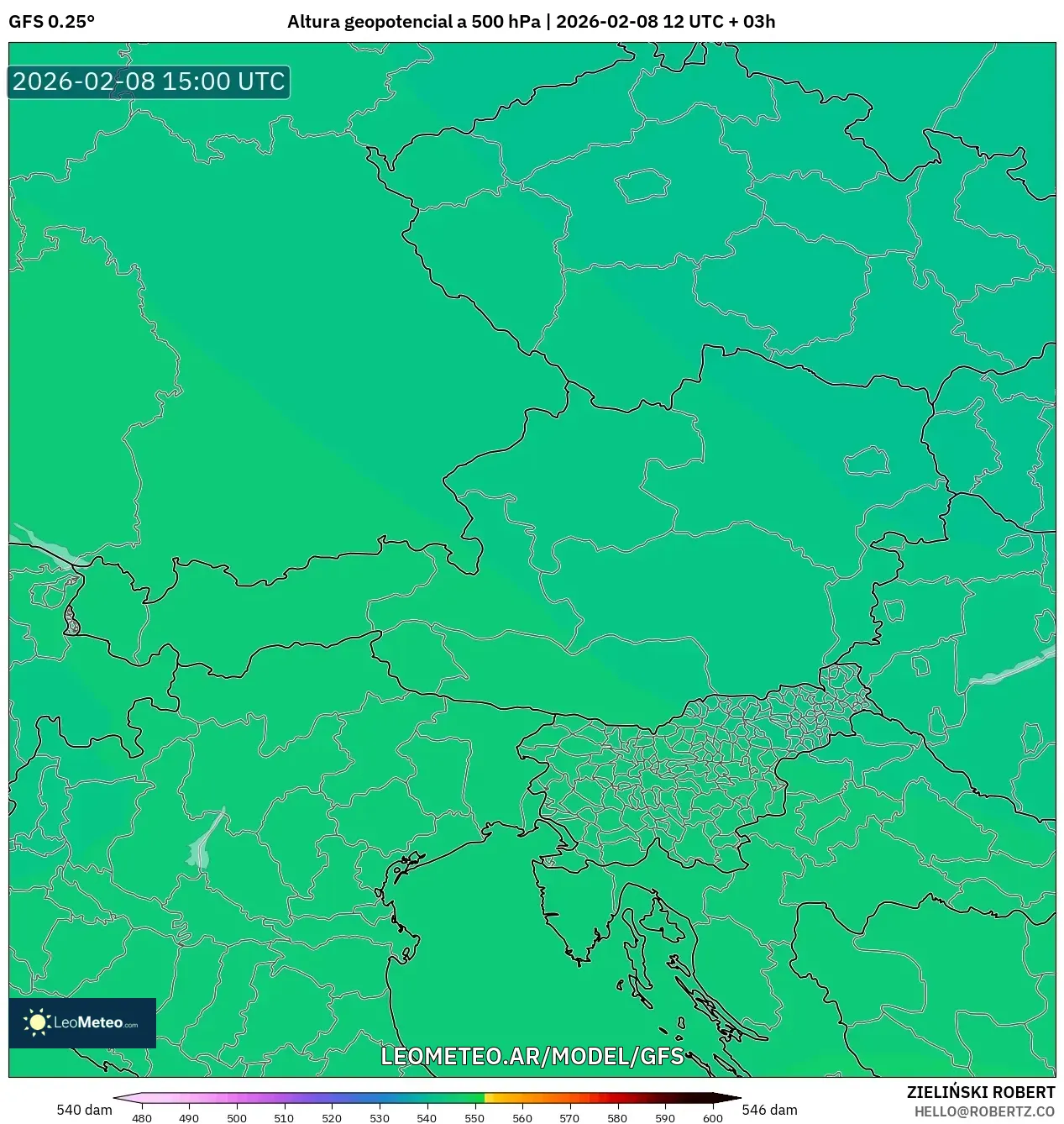 GFS model - Austria, Altura geopotencial a 500 hPa