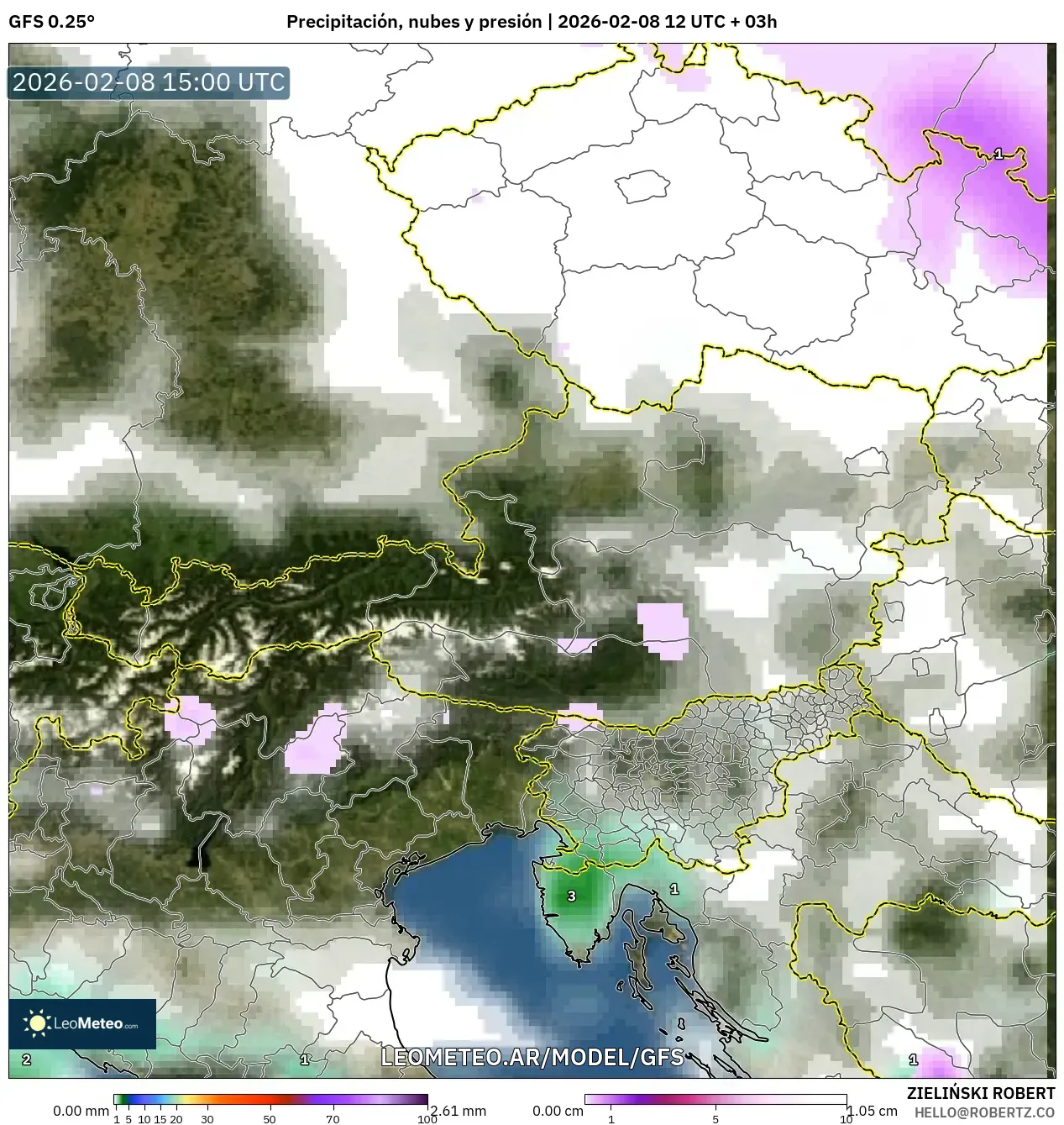 GFS model - Austria, Precipitación, nubes y presión