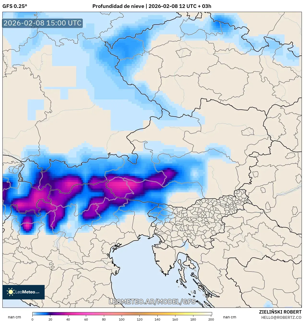 GFS model - Austria, Profundidad de nieve