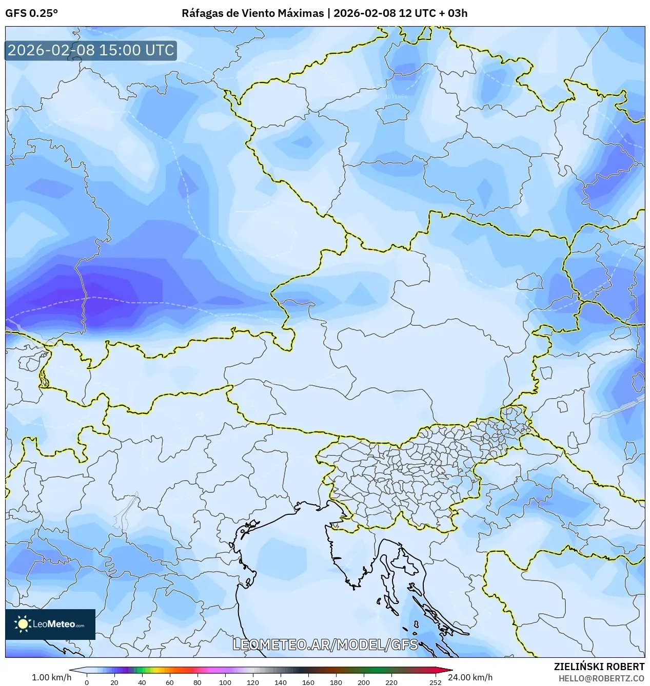 GFS model - Austria, Ráfagas de Viento Máximas