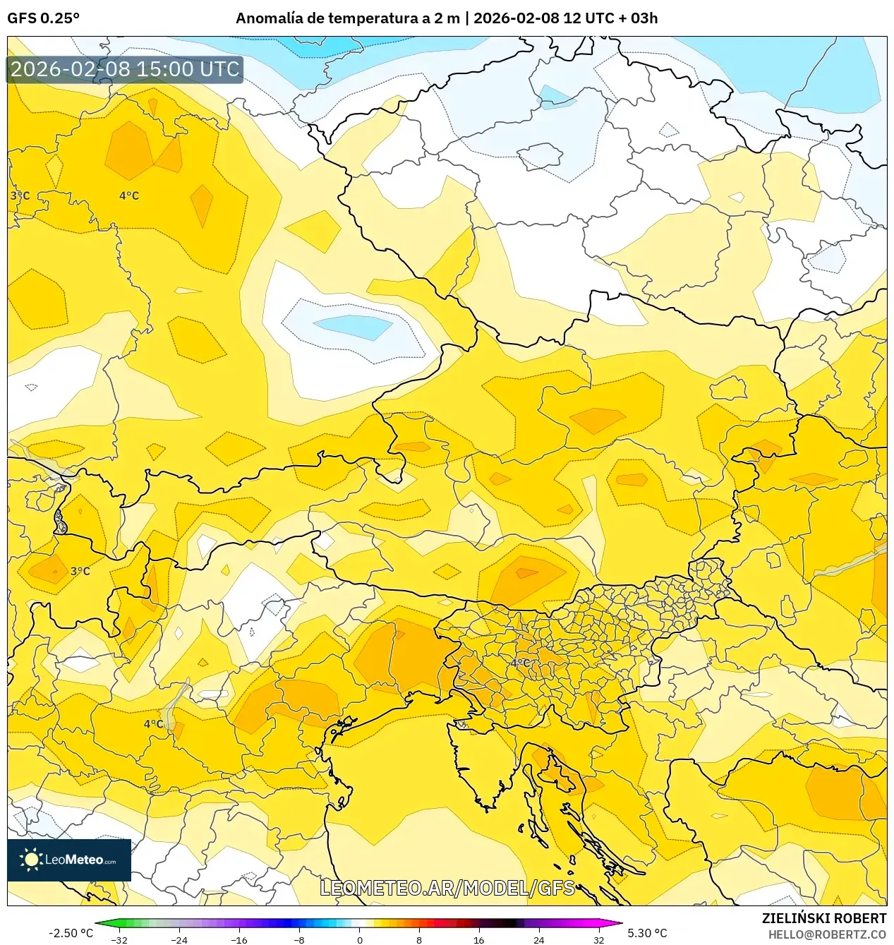 GFS model - Austria, Anomalía de temperatura a 2 m