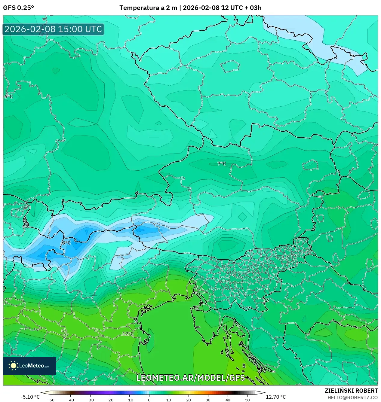 GFS model - Austria, Temperatura a 2 m