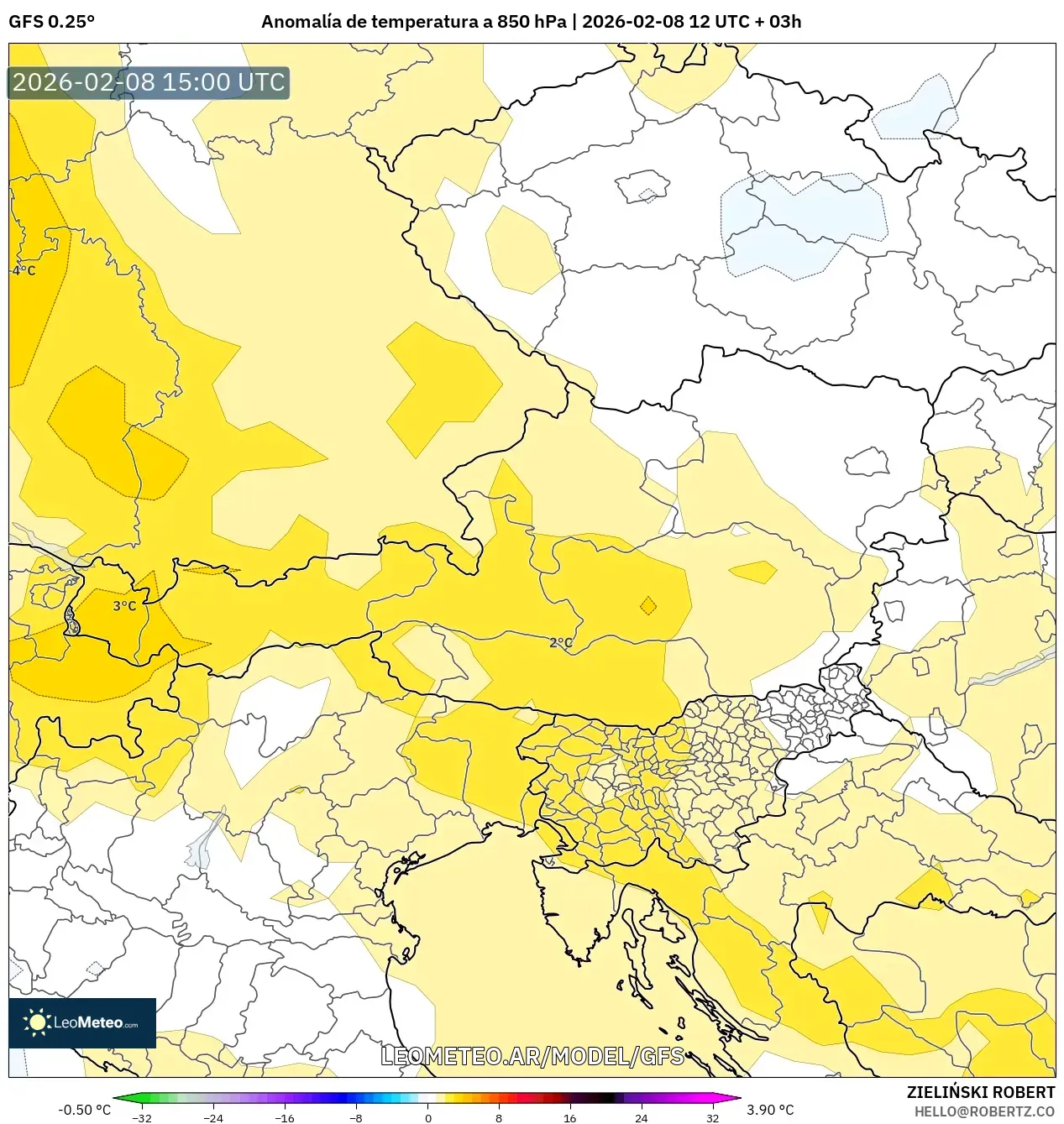 GFS model - Austria, Anomalía de temperatura a 850 hPa