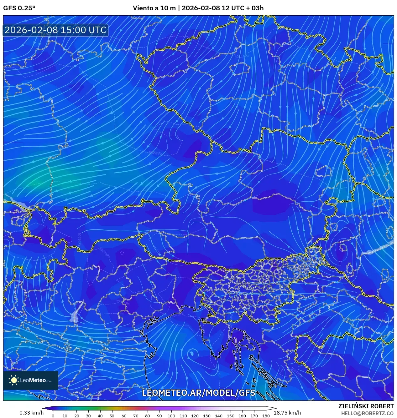GFS model - Austria, Viento a 10 m