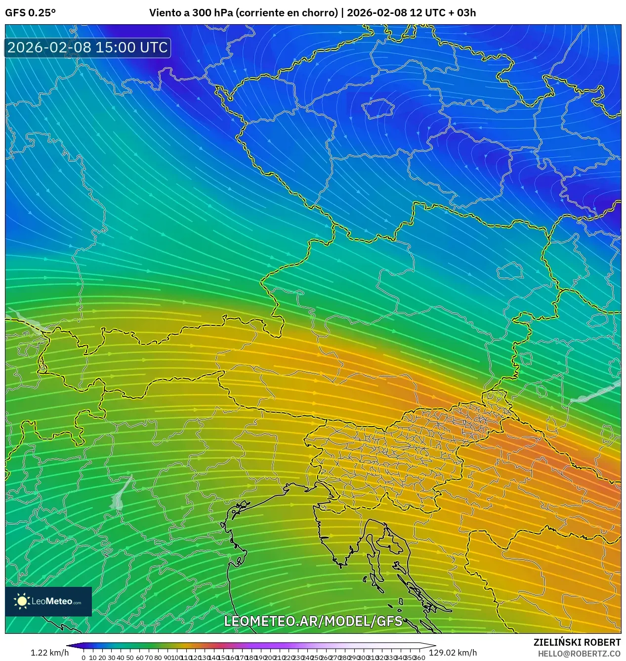 GFS model - Austria, Viento a 300 hPa (corriente en chorro)