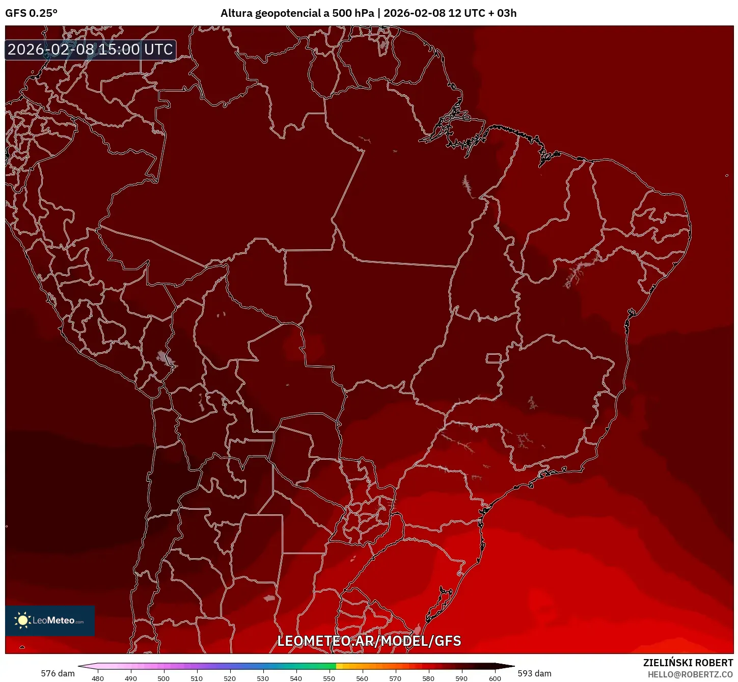 GFS model - Brasil, Altura geopotencial a 500 hPa