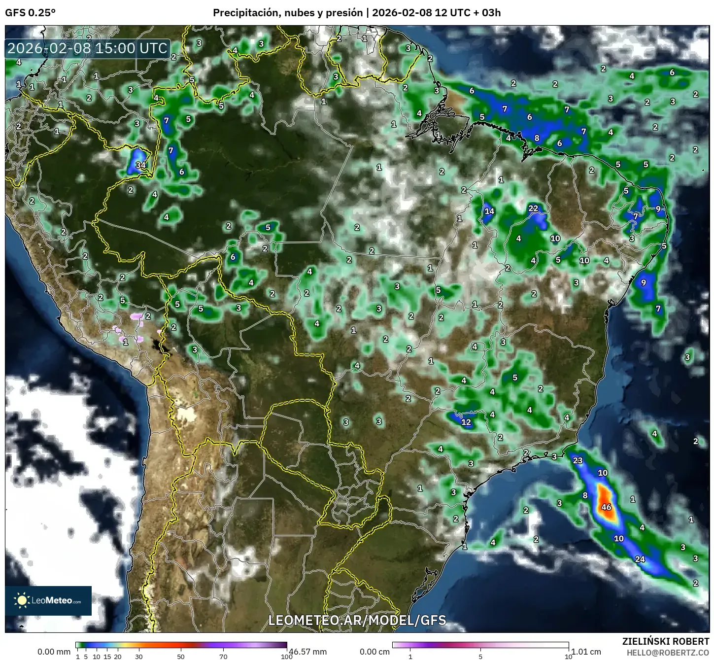 GFS model - Brasil, Precipitación, nubes y presión