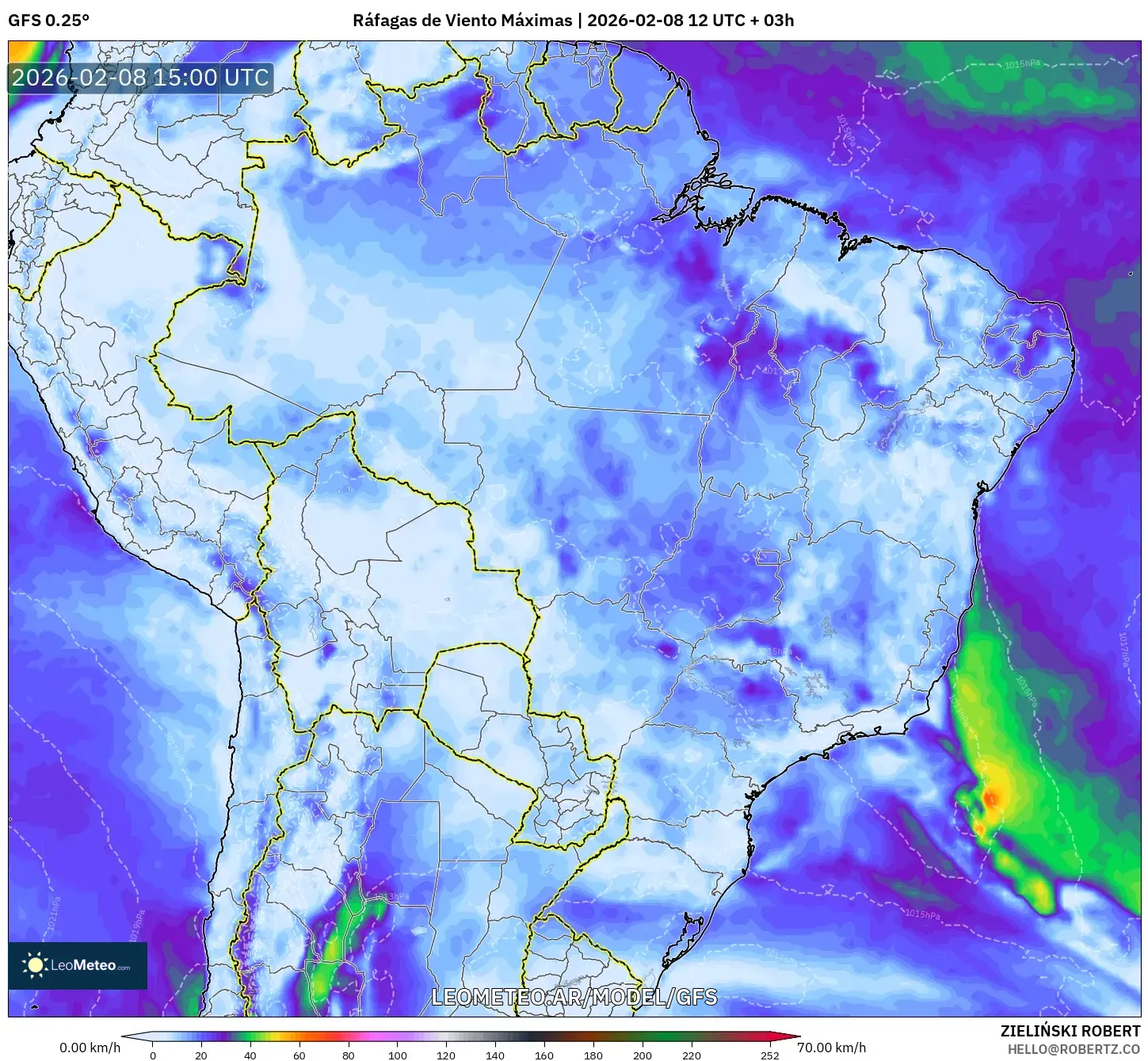 GFS model - Brasil, Ráfagas de Viento Máximas