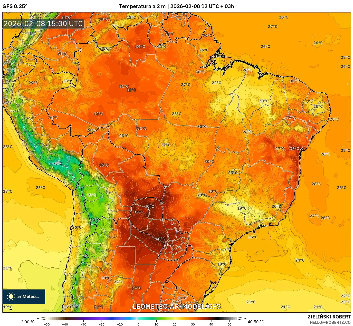 GFS model - Brasil, Temperatura a 2 m