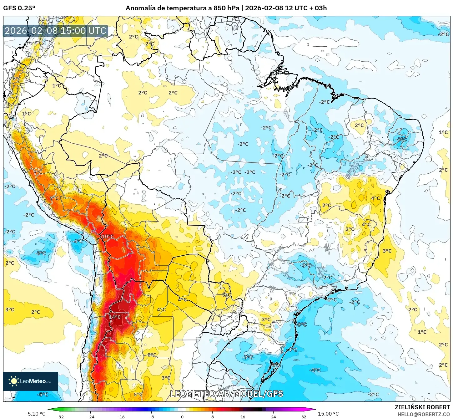 GFS model - Brasil, Anomalía de temperatura a 850 hPa