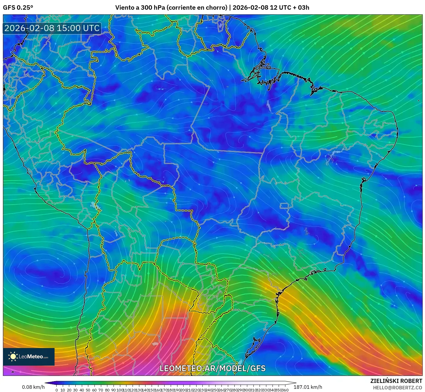 GFS model - Brasil, Viento a 300 hPa (corriente en chorro)