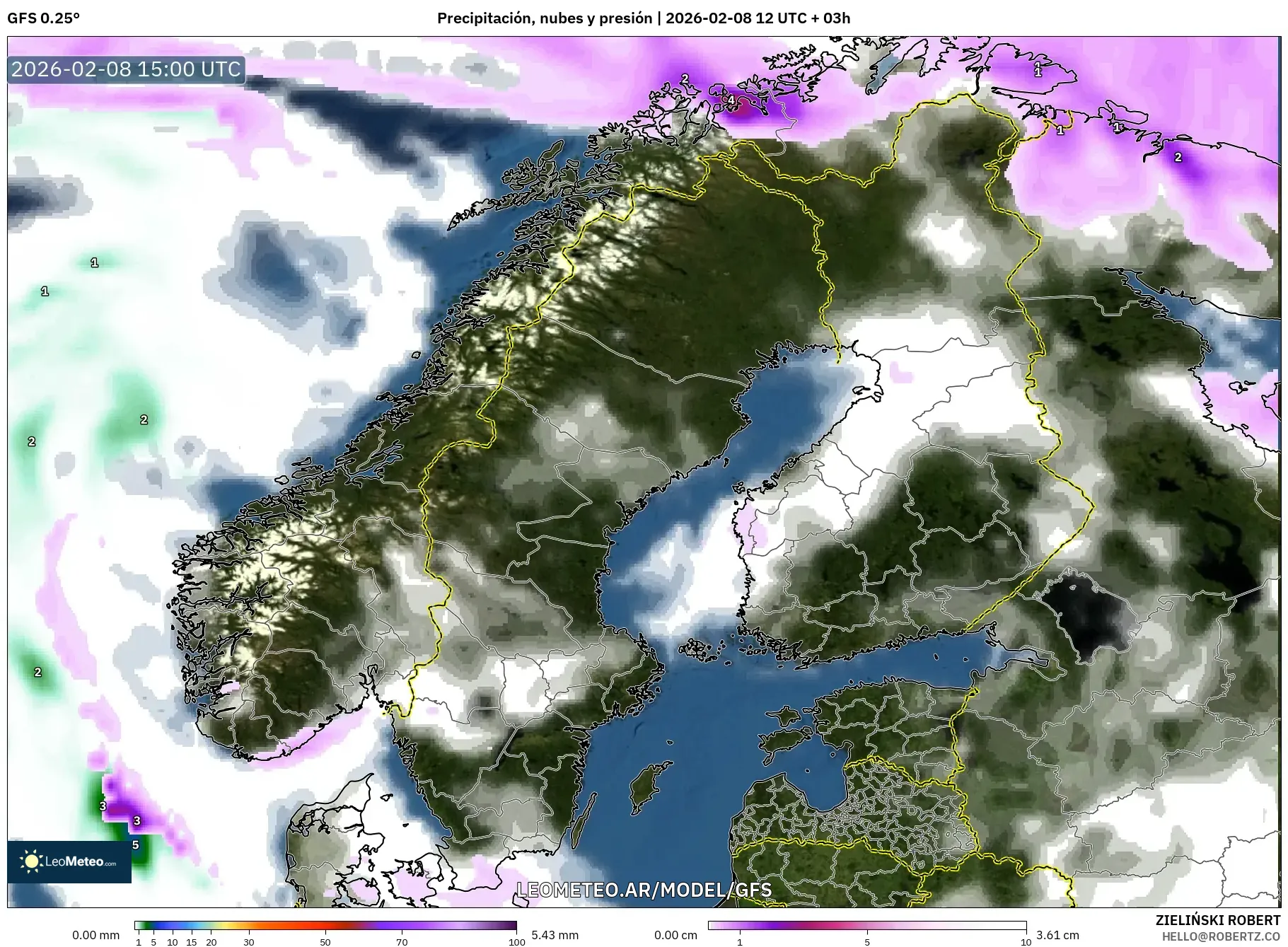 GFS model - Escandinavia, Precipitación, nubes y presión