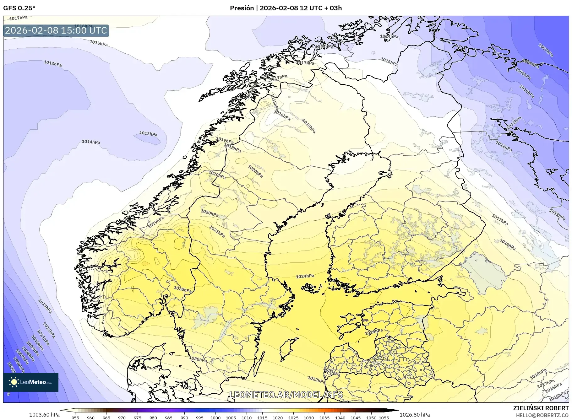 GFS model - Escandinavia, Presión
