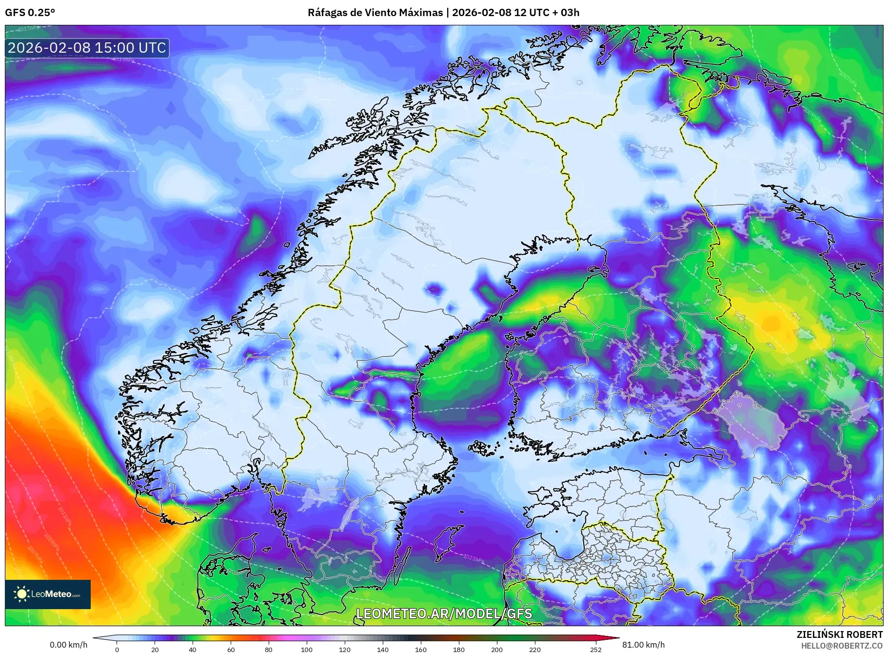 GFS model - Escandinavia, Ráfagas de Viento Máximas