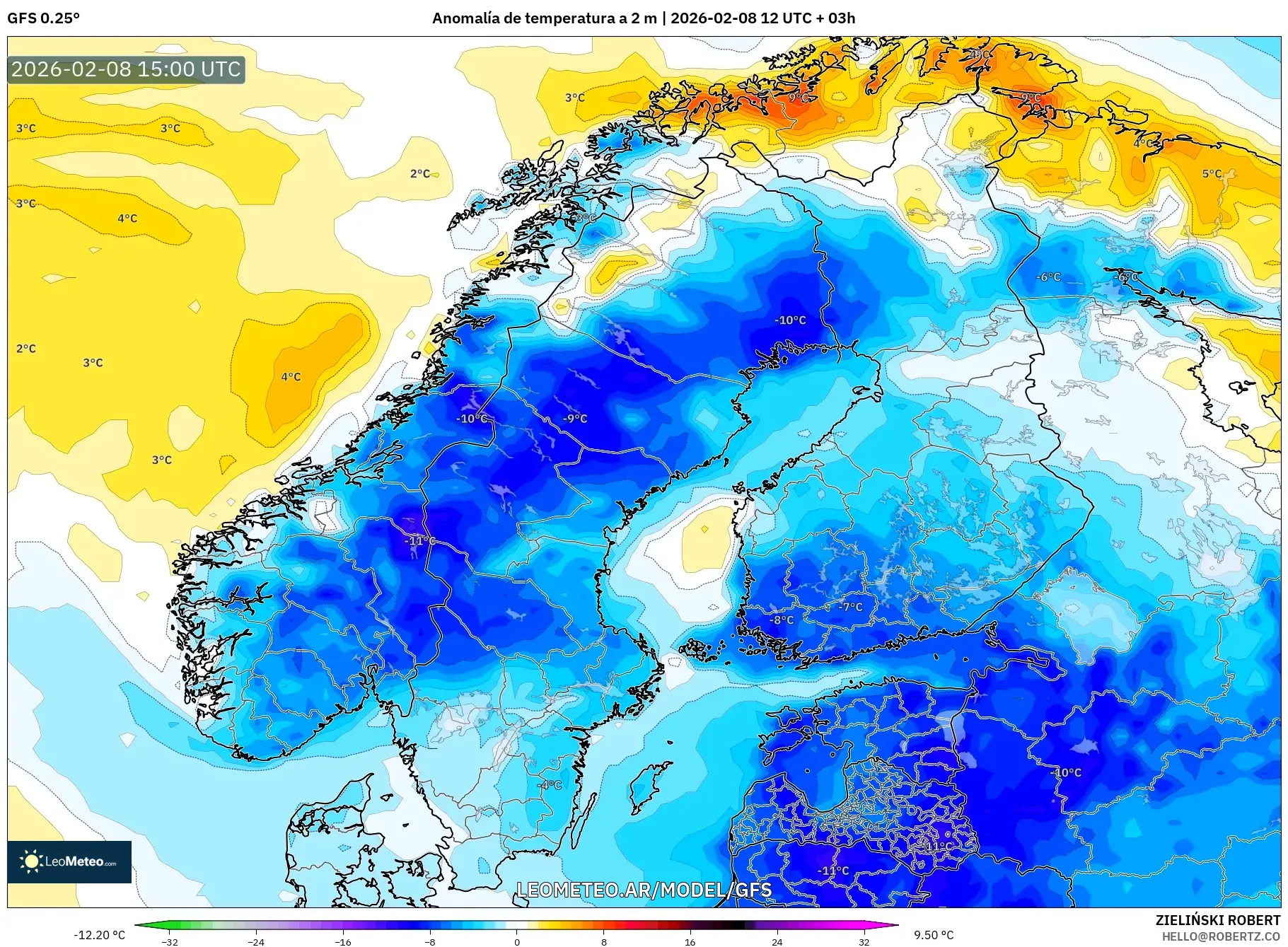 GFS model - Escandinavia, Anomalía de temperatura a 2 m