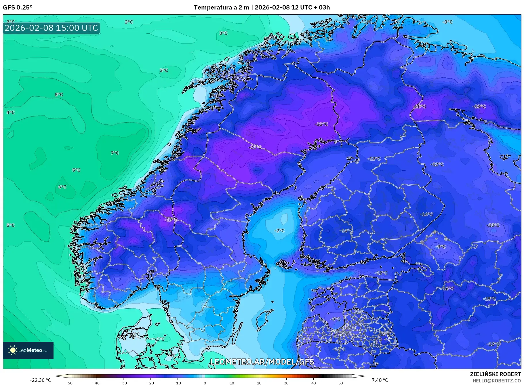 GFS model - Escandinavia, Temperatura a 2 m