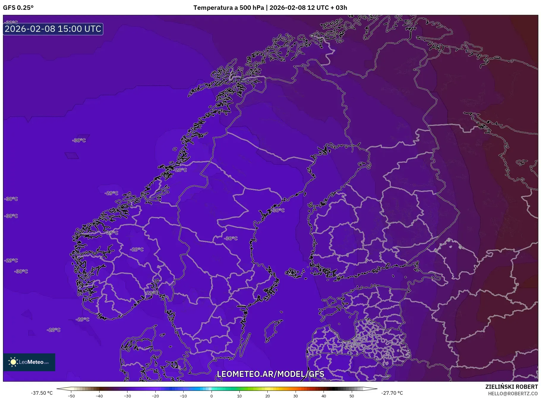 GFS model - Escandinavia, Temperatura a 500 hPa